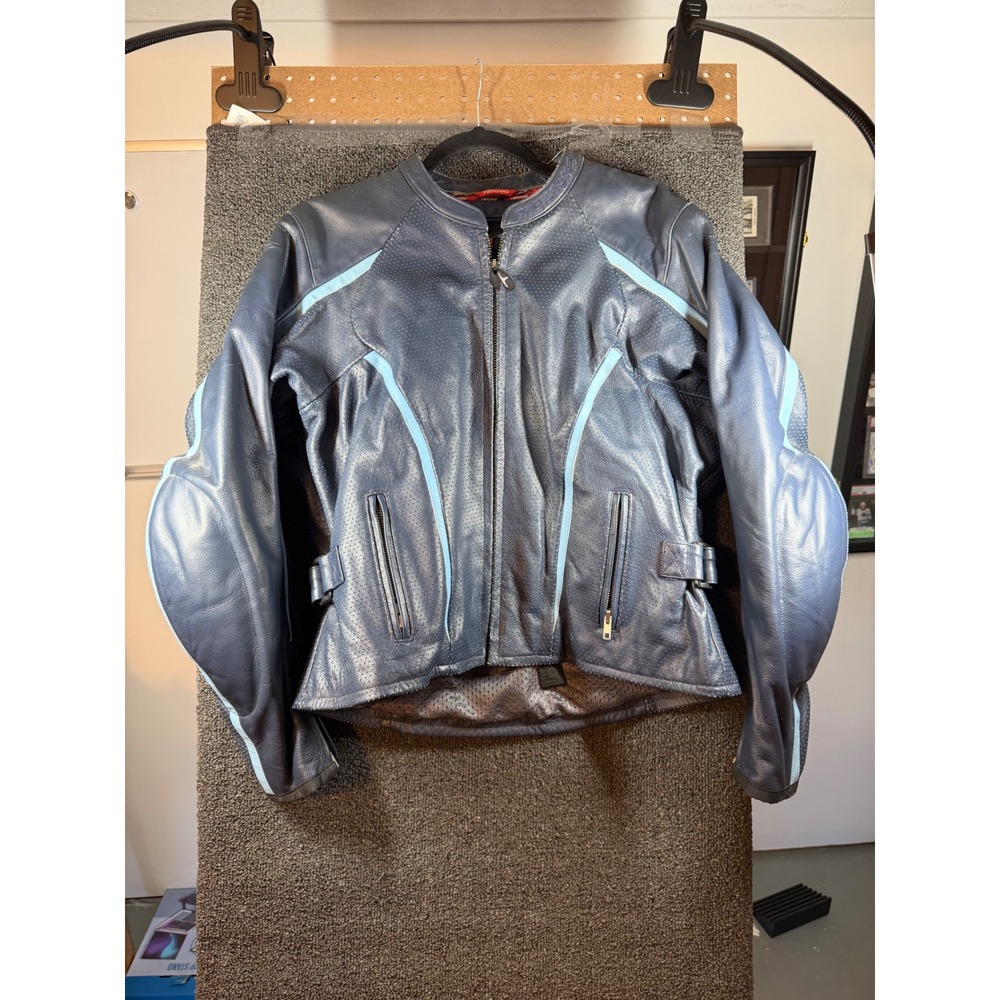 Teknic Leather Motorcycle Jacket Womens 14 Blue Perforated Padded Riding Gear